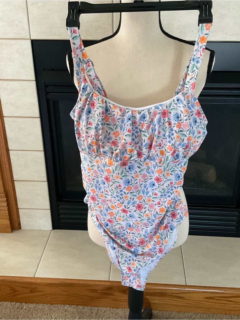 NWOT Floral Print Square Neck Thick Strap Elastic One-Piece Swimsuit, Sz XL - Picture 3 of 10